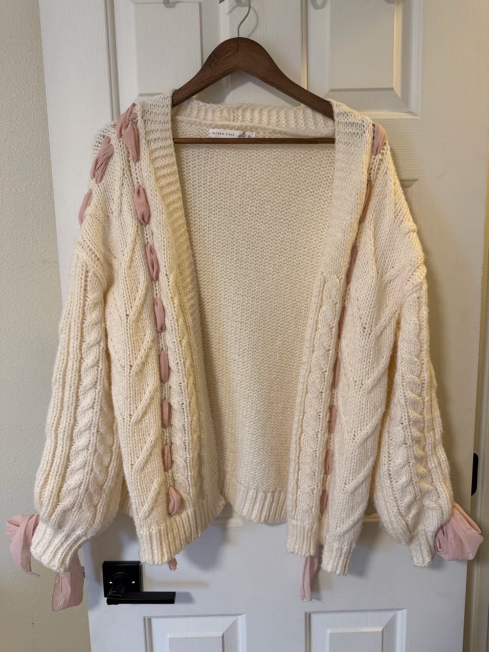Altar’d State Cream Cable Knit Cardigan with Pink Ribbon